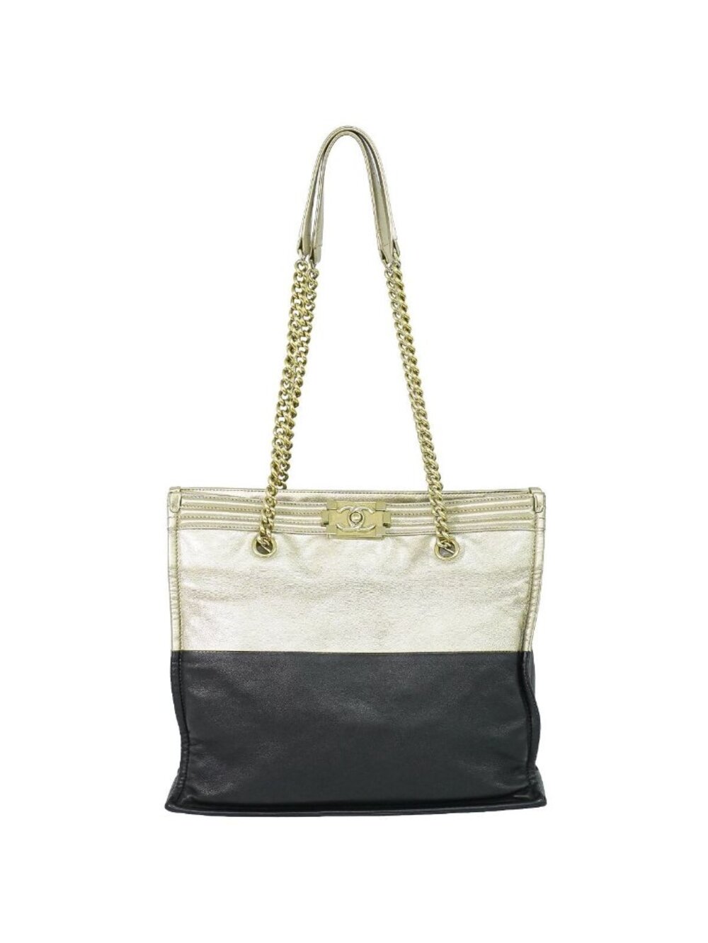 Chanel Boy Bicolor Chain Shoulder Bag Tote Leather Gold Black